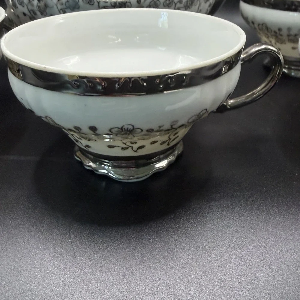 Black And Silver Floral Bavarian Teapot & 4 Teacup Set